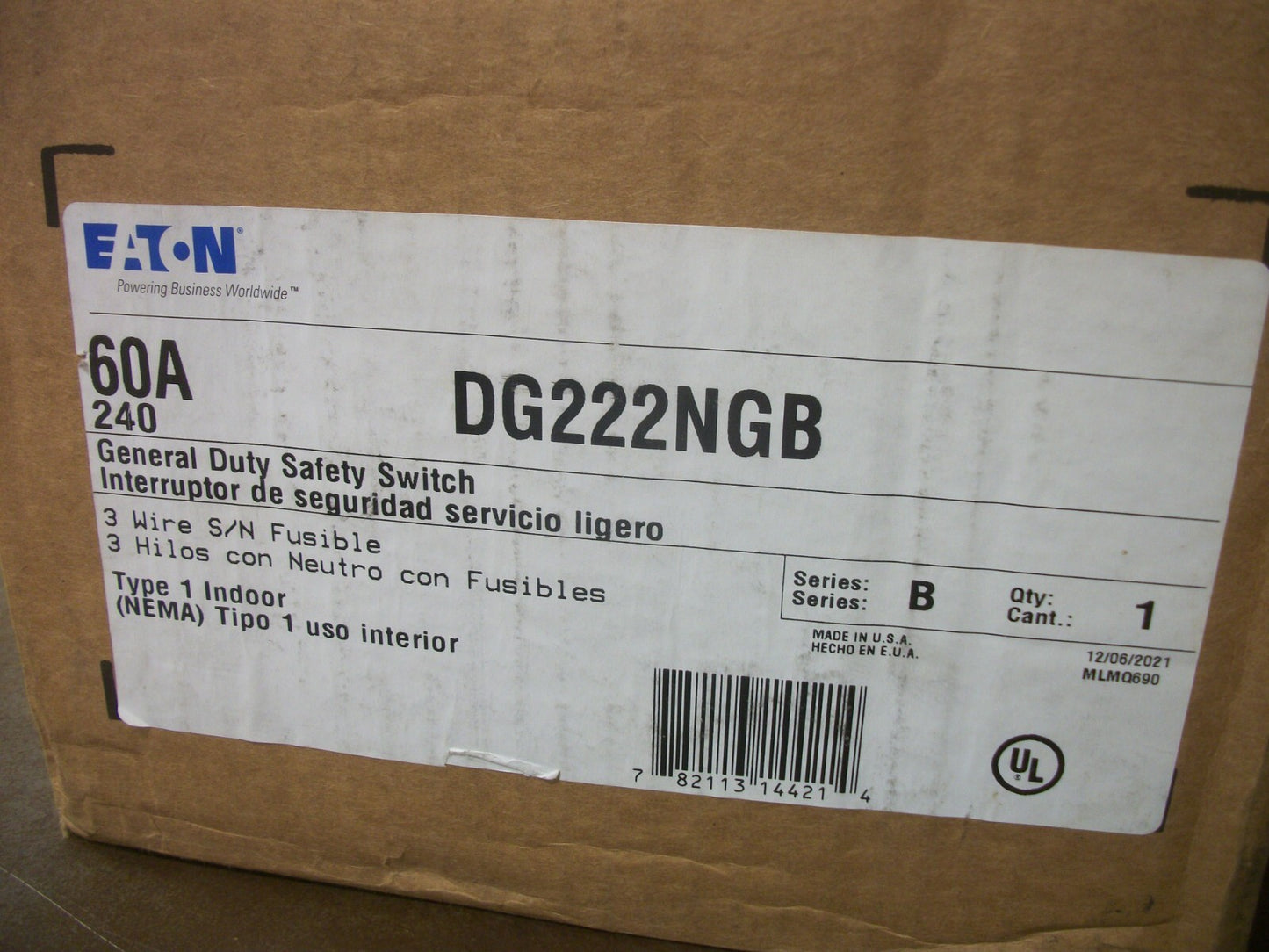CUTLER-HAMMER DISCONNECT TYPE 1 DG222NGB 60AMP 240VOLT 2POLE FUSIBLE NIB