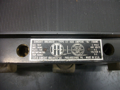 SIEMENS ITE ET KL CIRCUIT BREAKER KL3400F 400AMP 600VOLT 3POLE W/400A TRIP