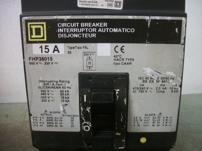 SQUARE D FHP CIRCUIT BREAKER FHP36015 15AMP 600VOLT 3POLE GRAY