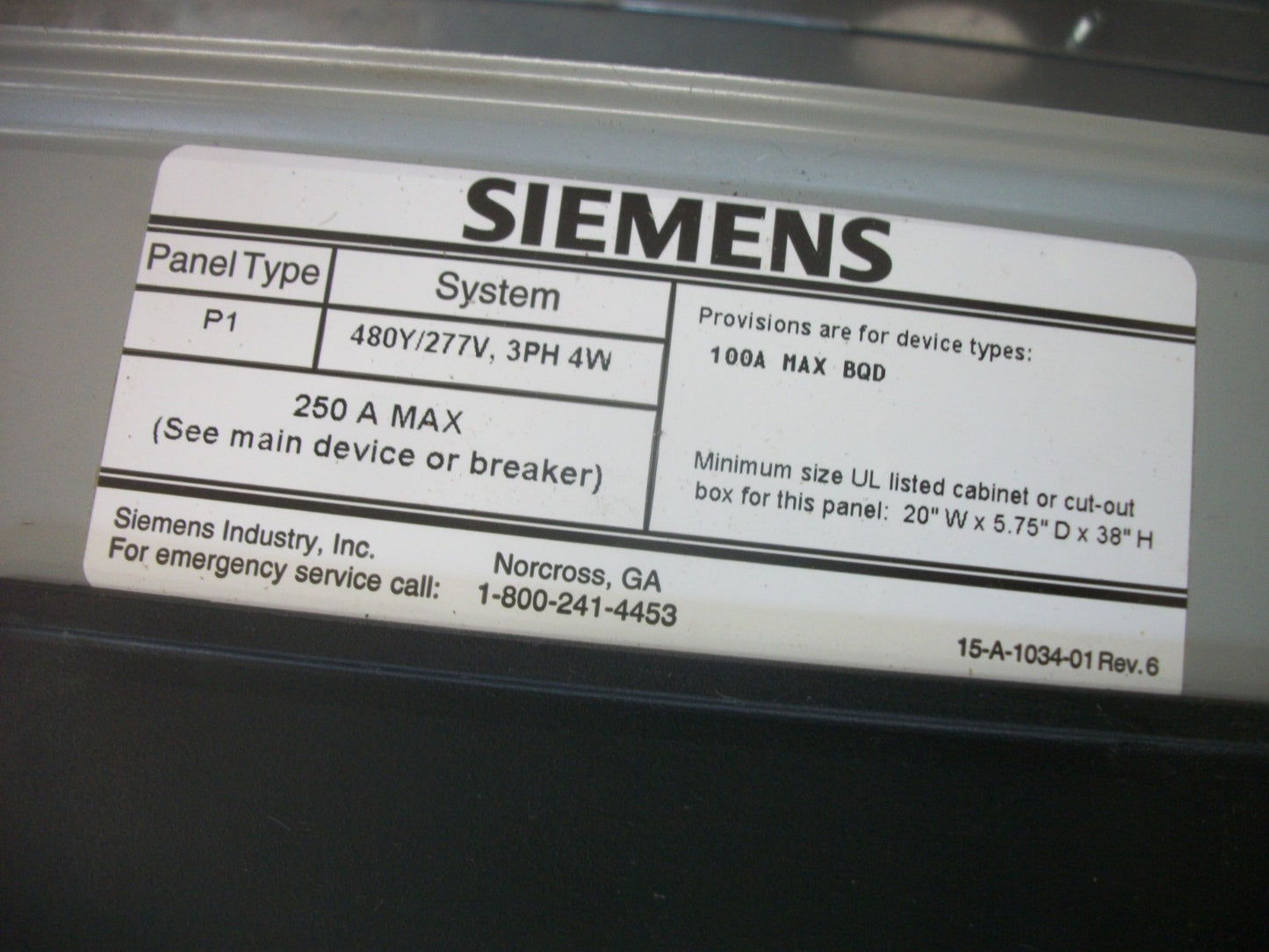 SIEMENS P1 LOAD CENTER PANELBOARD BQD 100AMP 480Y/277VOLT 3PH 4W