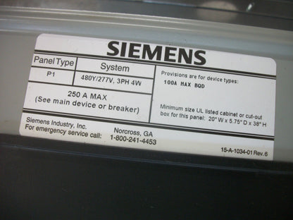 SIEMENS P1 LOAD CENTER PANELBOARD BQD 100AMP 480Y/277VOLT 3PH 4W