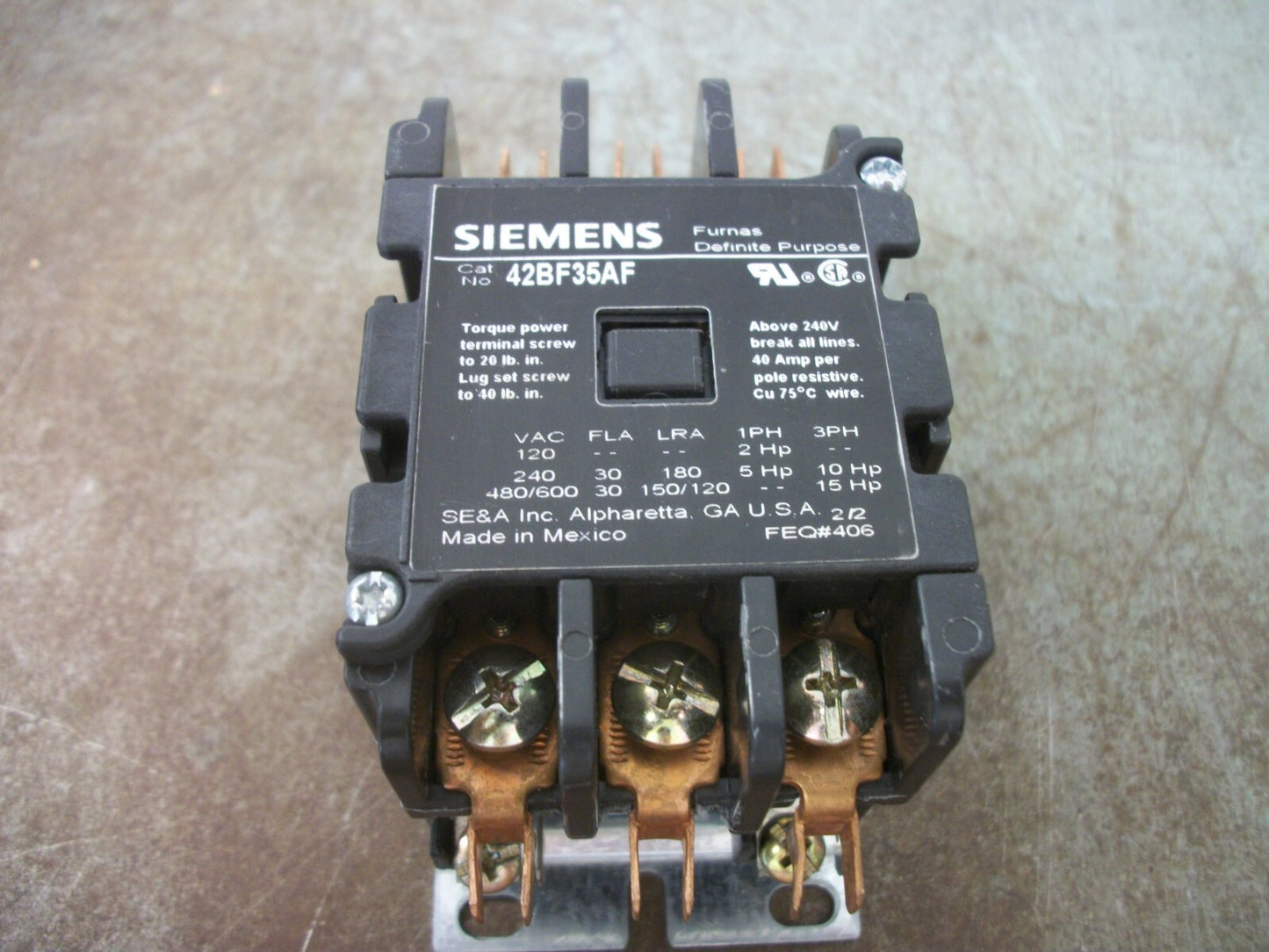 SIEMENS DEFINITE PURPOSE CONTACTOR 42BF35AF 30AMP 120VCOIL 3PH 600V 15HP