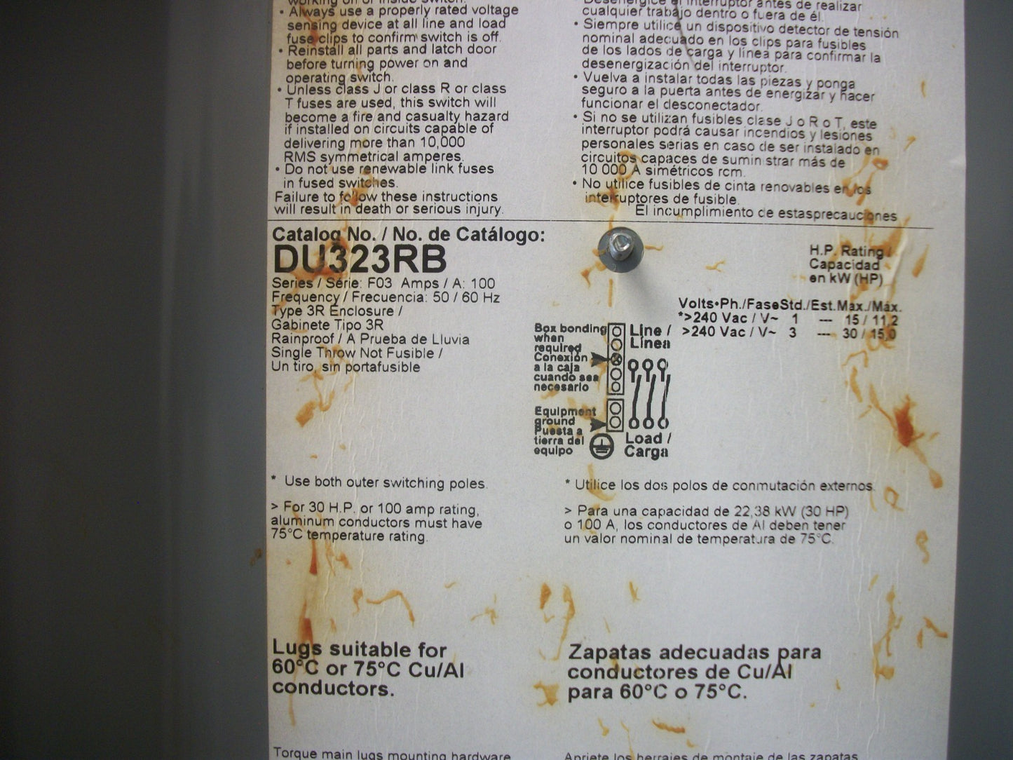 SQUARE D DISCONNECT TYPE 3R DU323RB 100AMP 240VOLT 3POLE NON-FUSIBLE