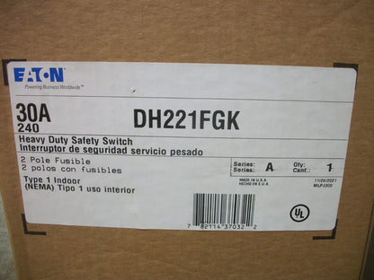 CUTLER-HAMMER DISCONNECT TYPE 1 DH221FGK 30AMP 240VOLT 2POLE FUSIBLE NIB