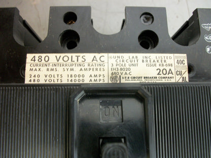 SIEMENS EH3 CIRCUIT BREAKER EH3B020 20AMP 480VOLT 3POLE