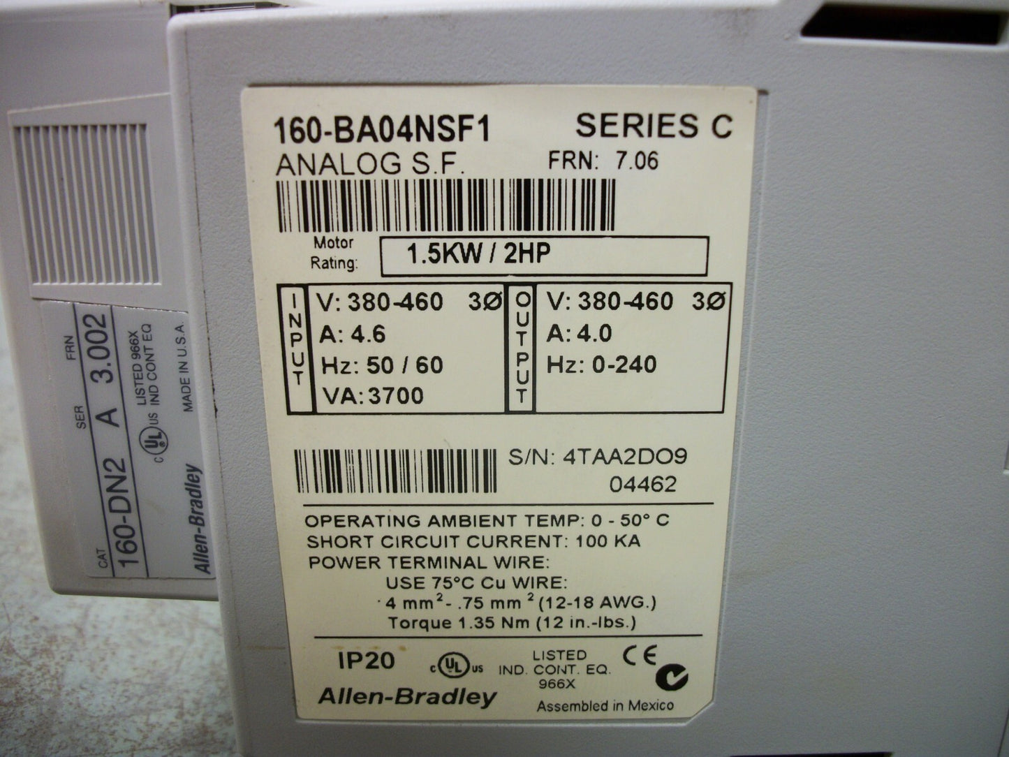 ALLEN-BRADLEY 2HP ANALOG S.F. SPEED CONTROLLER 160-BA04NSF1 460VOLT 3PH 4AMP