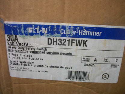 CUTLER-HAMMER DISCONNECT SS TYPE 4,4X DH321FWK 30AMP 240VOLT 3POLE FUSIBLE NIB