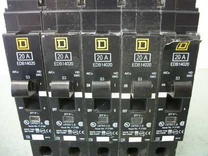 SQUARE D LOT OF 5 EDB CIRCUIT BREAKERS EDB14020 20AMP 277VOLT 1POLE