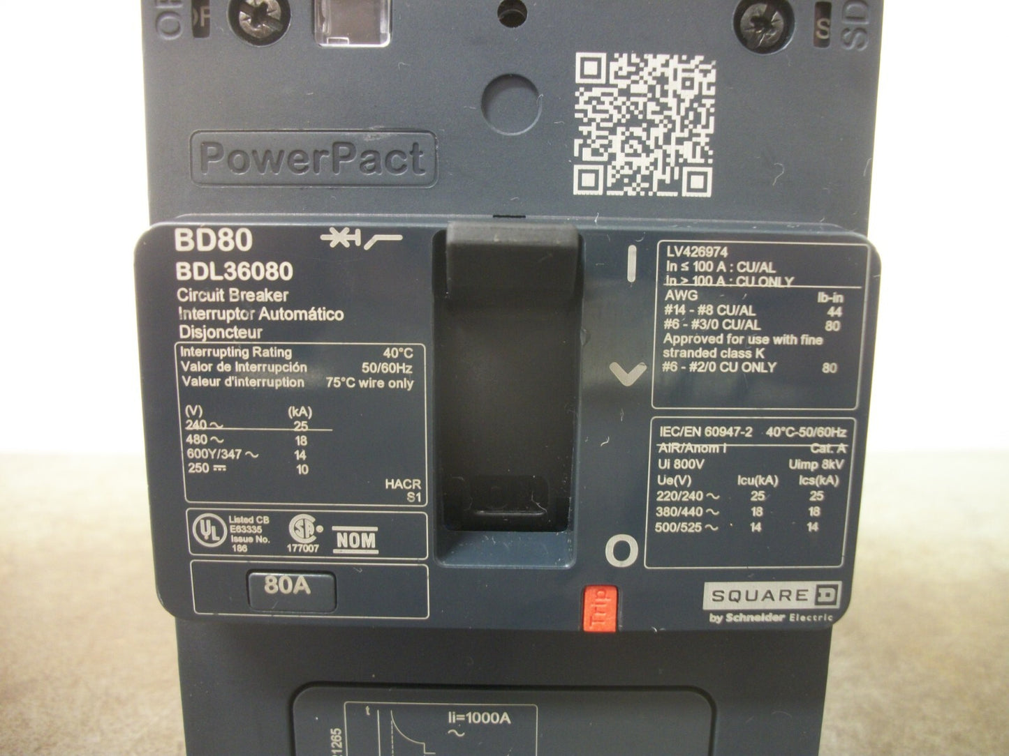 SQUARE D POWERPACT BD CIRCUIT BREAKER BDL36080 80AMP 600VOLT 3POLE