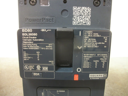 SQUARE D POWERPACT BD CIRCUIT BREAKER BDL36080 80AMP 600VOLT 3POLE