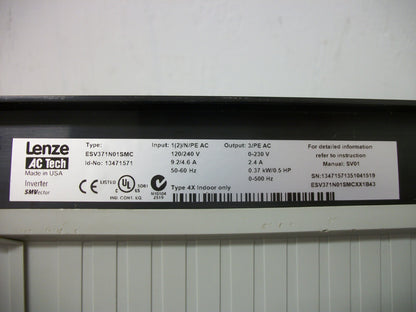 LENZE AC TECH 0.5HP FREQUENCY INVERTER DRIVE ESV371N01SMC 230VOLT 2.4AMP