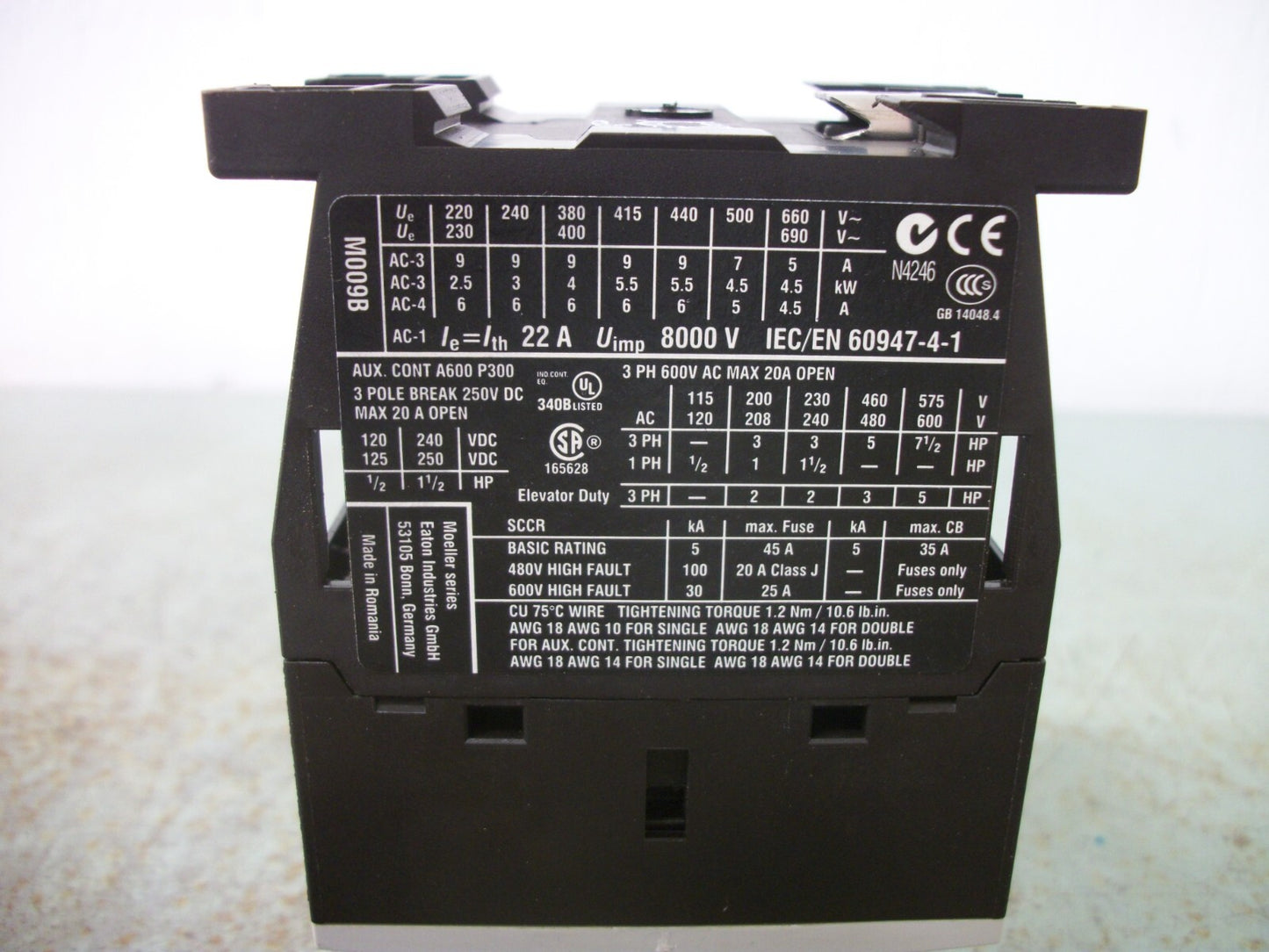 CUTLER-HAMMER CONTACTOR XTCE009B10 120VCOIL 3PH 600V 7.5HP W/AUX CONTACT NOB