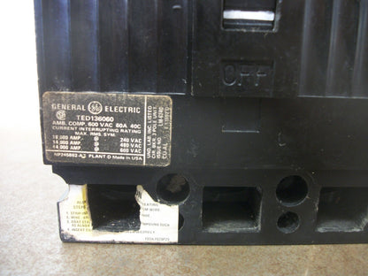 GE TED CIRCUIT BREAKER TED136060 60AMP 600VOLT 3POLE BLACK
