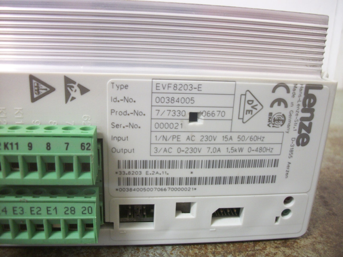 LENZE EVF8203-E 1.5KW FREQUENCY INVERTER DRIVE 00384005 230VOLT 7AMP