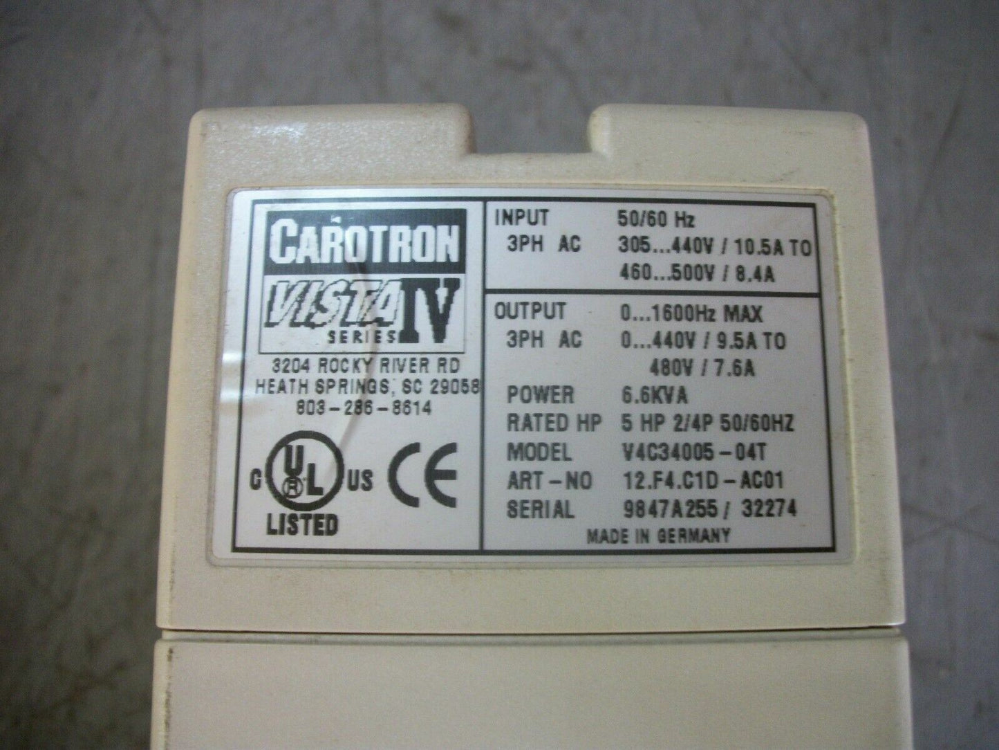CAROTRON VISTA IV 5HP AC DRIVE V4C34005-04T 6.6KVA 3PH 480VOLT 7.6AMP