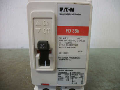 CUTLER-HAMMER FD CIRCUIT BREAKER FD2030 30AMP 600VOLT 2POLE RED