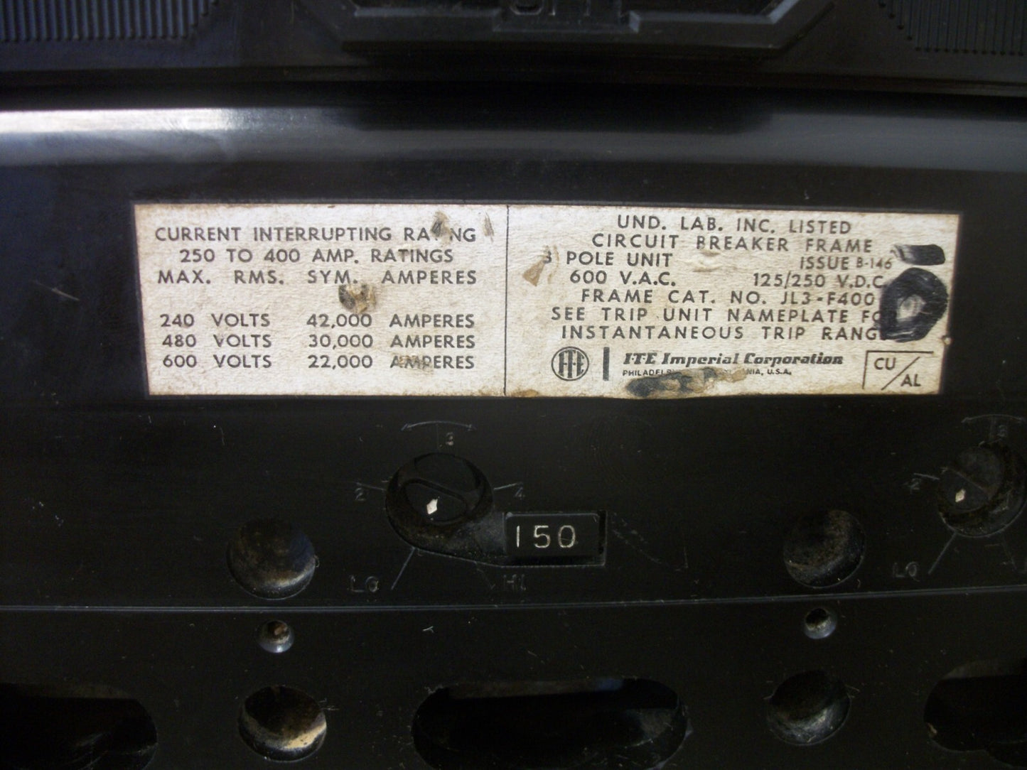 SIEMENS ITE JL3 CIRCUIT BREAKER JL3F400 400AMP 600VOLT 3POLE W/150A TRIP