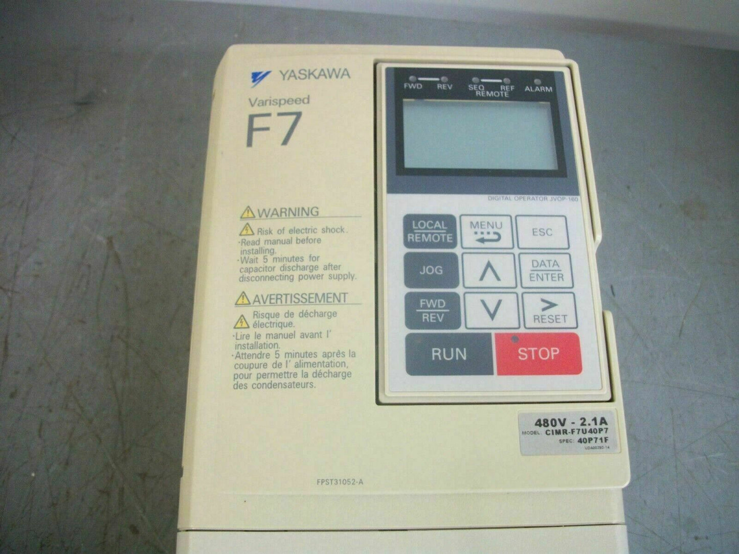 YASKAWA VARISPEED F7 1.6KVA AC DRIVE CIMR-F7U40P7 3PH 480VOLT 2.1AMP