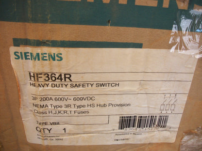 SIEMENS DISCONNECT TYPE 3R HF364R 200AMP 600VOLT 3POLE FUSIBLE NIB