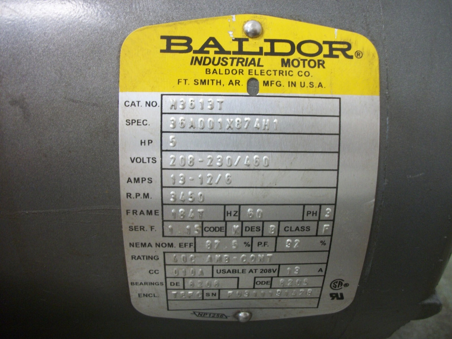 BALDOR 5HP 184T TEFC AC MOTOR M3613T 460VOLT 3PH 3450RPM