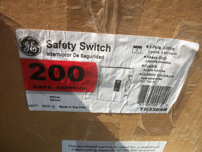 GE DISCONNECT TYPE 3R TH3364R 200AMP 600VOLT 3POLE FUSIBLE NIB