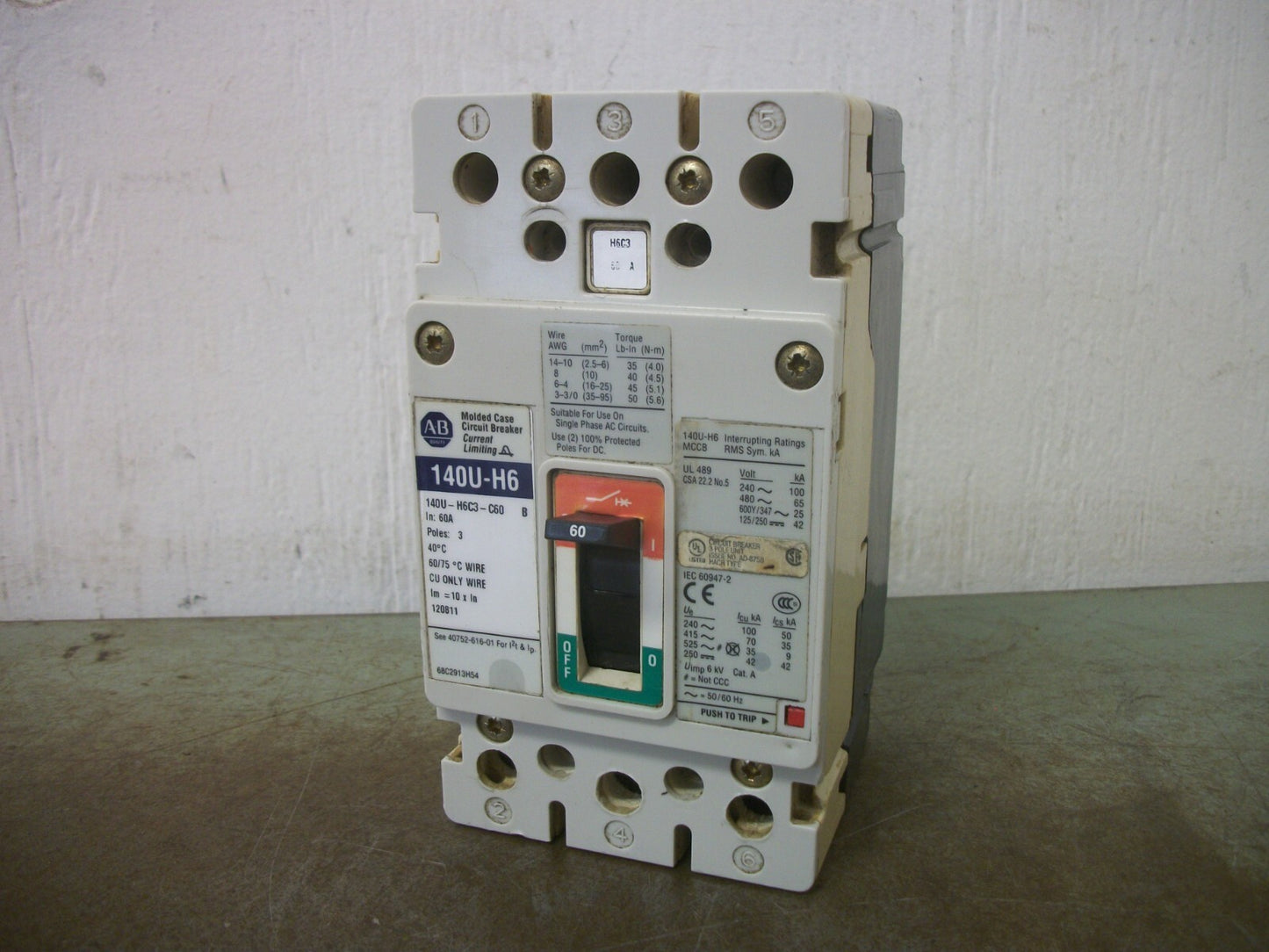ALLEN-BRADLEY 140U-H6 CIRCUIT BREAKER 140U-H6C3-C60 60AMP 600VOLT 3POLE