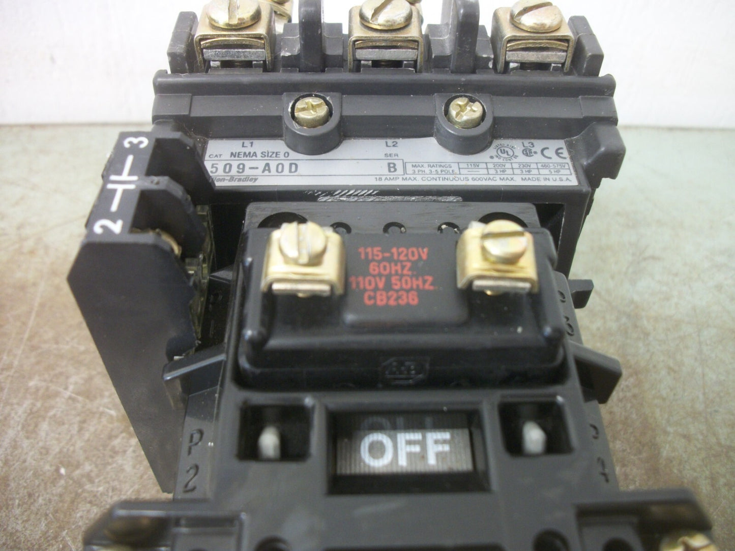 ALLEN-BRADLEY SIZE 0 MOTOR STARTER 509-AOD 18AMP 120VCOIL 3PH 600V 5HP NOB