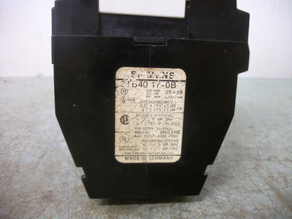SIEMENS CONTACTOR 3TB4017-0B 10AMP 24VCOIL 3PH 600V 7.5HP