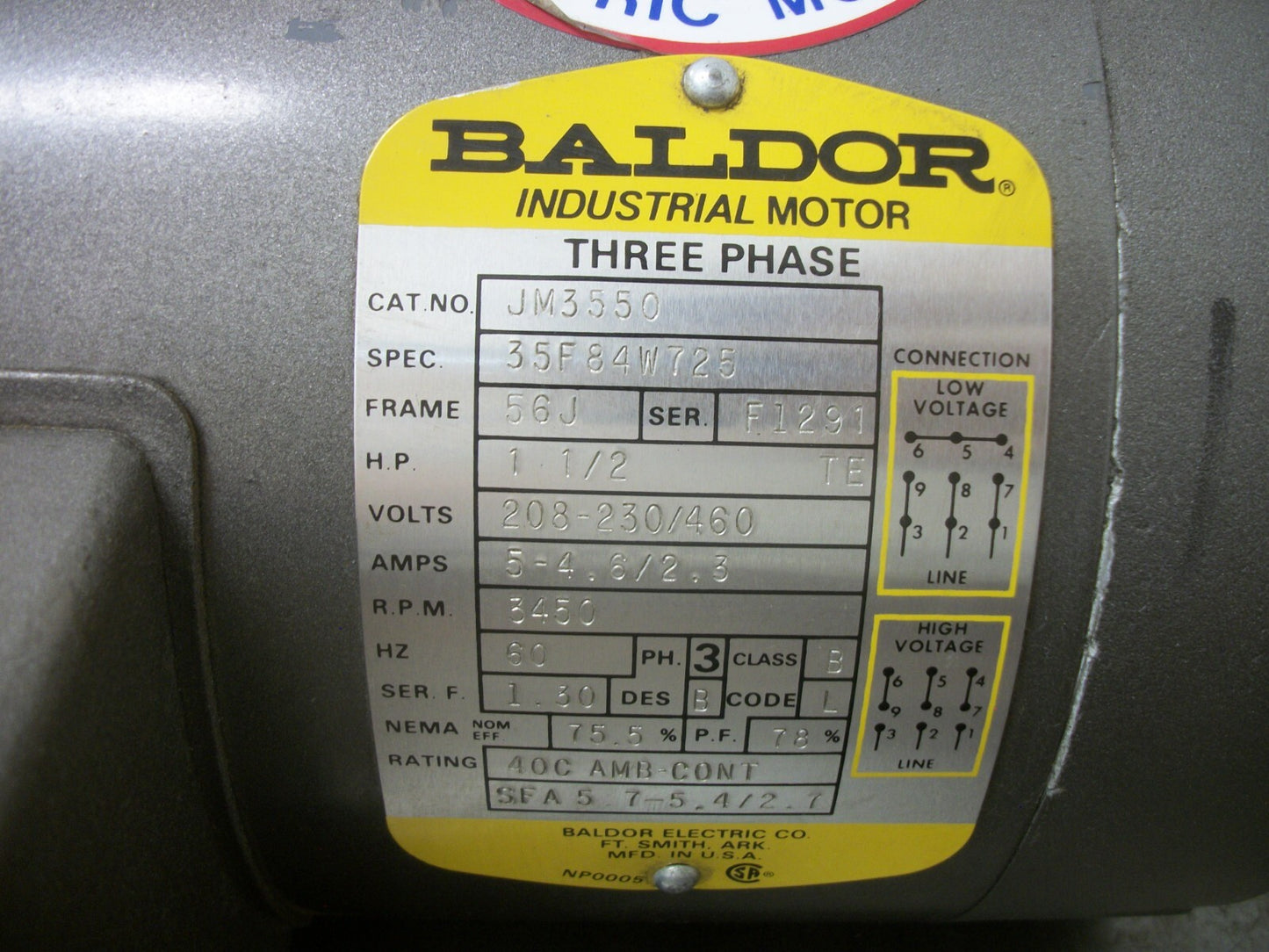 BALDOR 1.5HP 56J TEFC AC MOTOR JM3550 460VOLT 3PH 3450RPM NOB