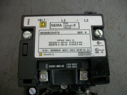 SQUARE D SIZE 0 MOTOR STARTER 8536SBO2H31S 120VCOIL 3PH 600V 5HP W/ML NOB