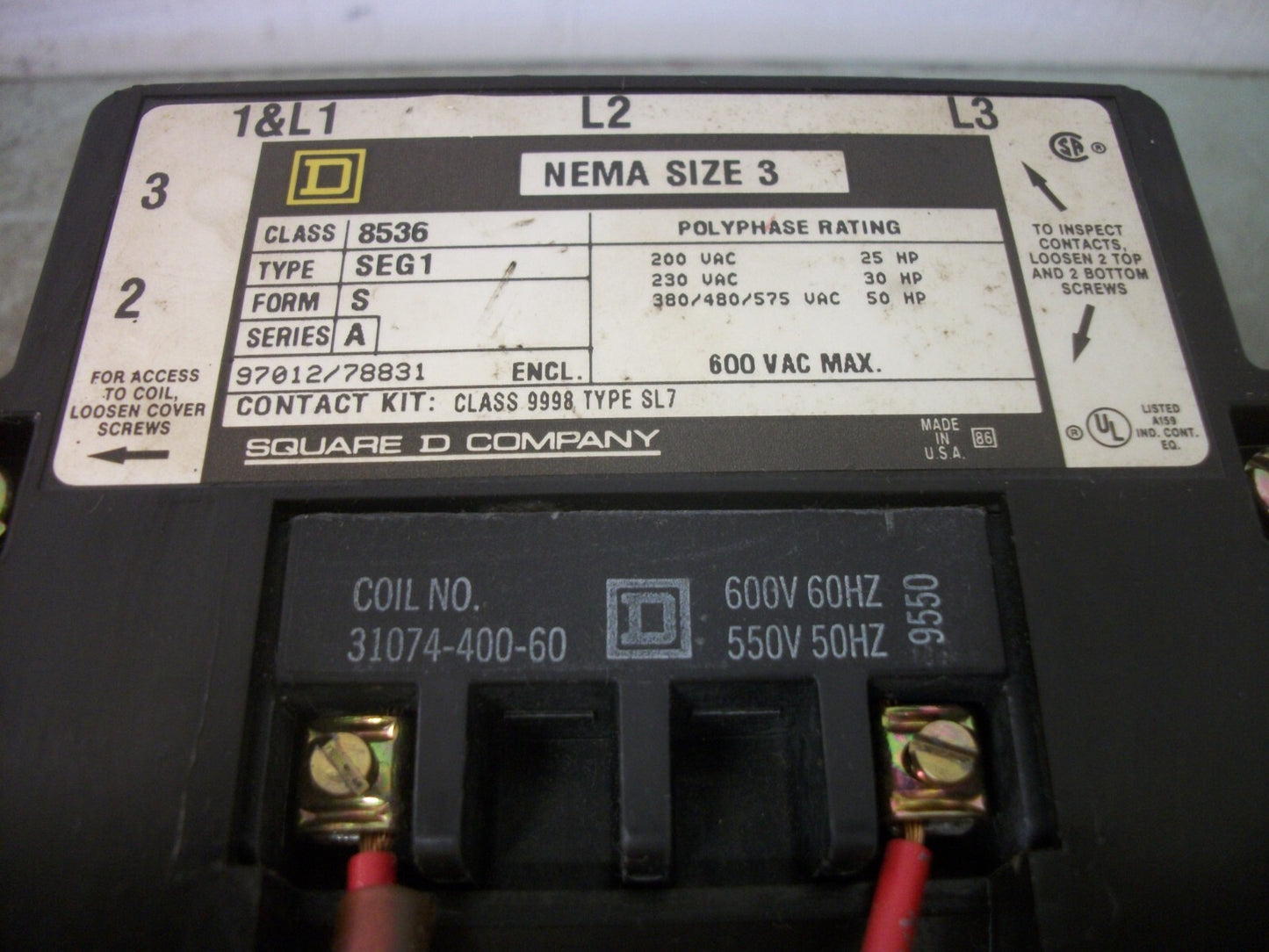 SQUARE D SIZE 3 MOTOR STARTER 8536SEG1 600VCOIL 3PH 600V 50HP