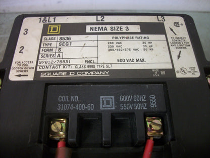 SQUARE D SIZE 3 MOTOR STARTER 8536SEG1 600VCOIL 3PH 600V 50HP