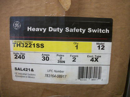 GE DISCONNECT SS TYPE 4,4X,5,12 TH3221SS 30AMP 240VOLT 2POLE FUSIBLE NIB