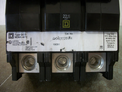 SQUARE D QOD CIRCUIT BREAKER QOB3125VH 125AMP 240VOLT 3POLE 22KA NOB