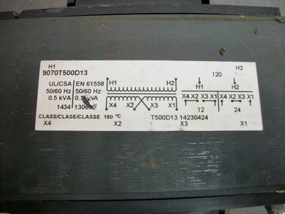 SQUARE D 0.5KVA 1PH TRANSFORMER 9070T500D13 HV 120 LV 12/24