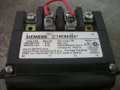 SIEMENS SIZE 0 MOTOR STARTER 14CS+32A* 220-240/440-480VCOIL 18AMP 3PH 600V 5HP