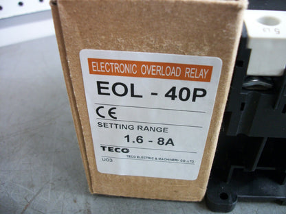 TECO ELECTRONIC OVERLOAD RELAY EOL-40P 1.6-8AMP NIB