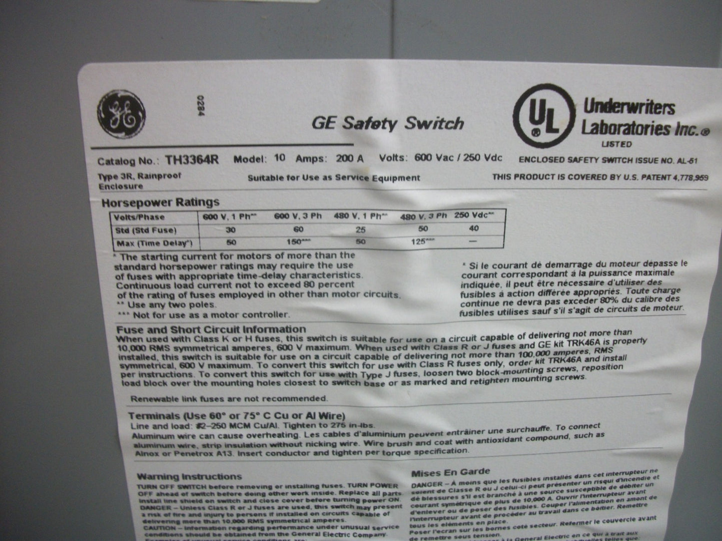 GE DISCONNECT TYPE 3R TH3364R 200AMP 600VOLT 3POLE FUSIBLE