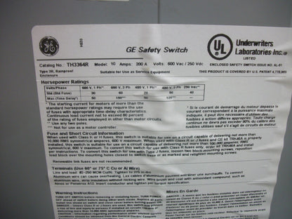 GE DISCONNECT TYPE 3R TH3364R 200AMP 600VOLT 3POLE FUSIBLE