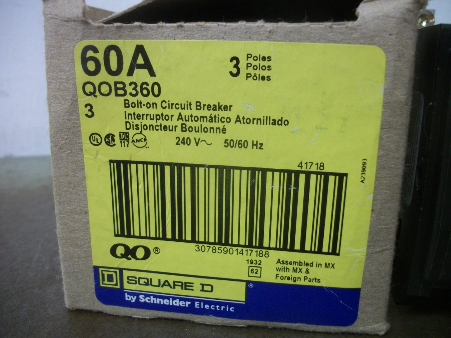 SQUARE D QOB CIRCUIT BREAKER QOB360 60AMP 240VOLT 3POLE NIB