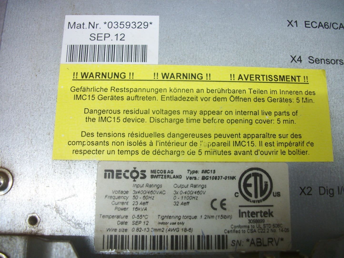 MECOS INTERTEK 16KVA AC INVERTER DRIVE IMC15 BG10837-01NK 460VOLT 3PH 32AMP