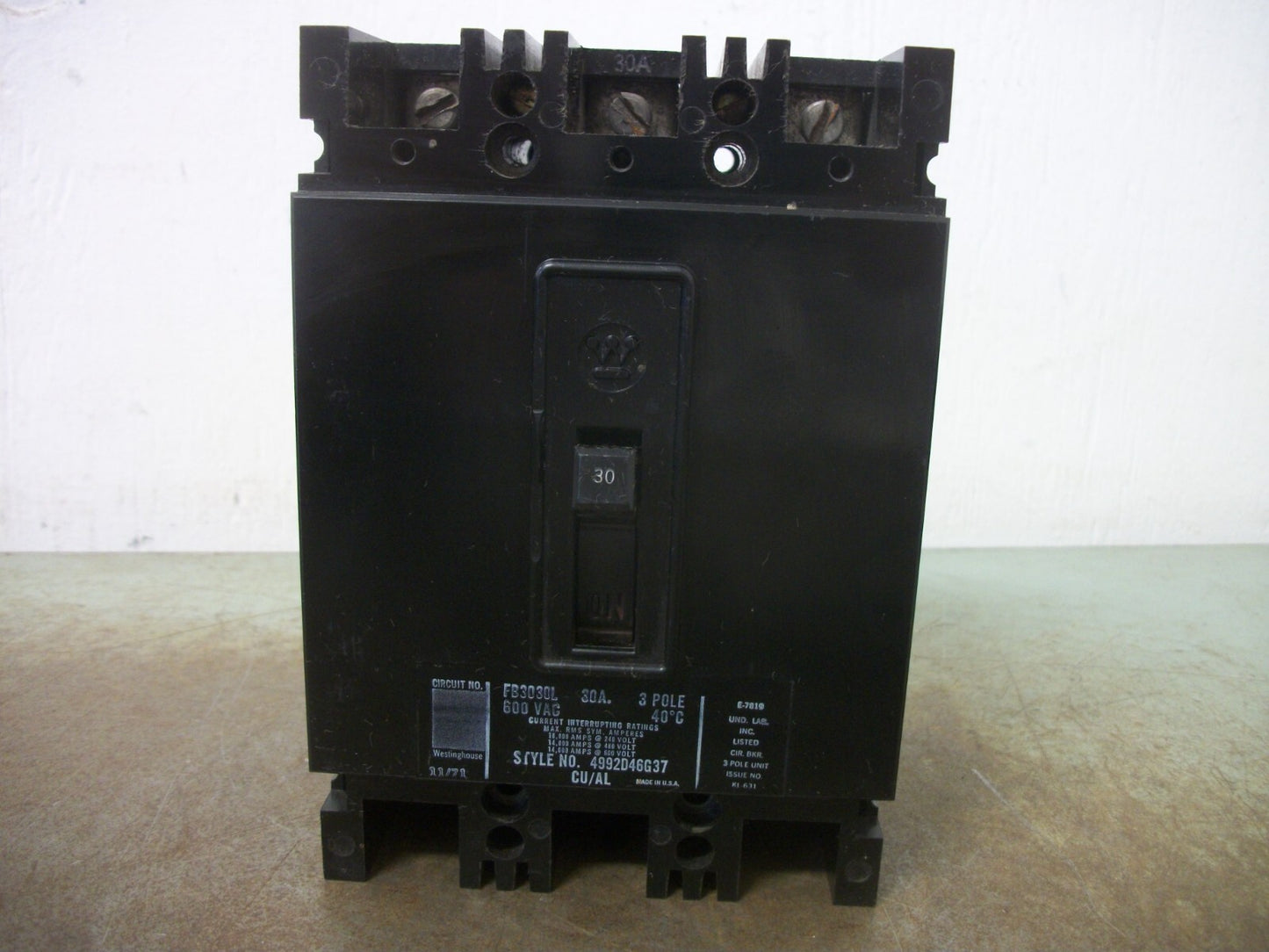 WESTINGHOUSE FB CIRCUIT BREAKER FB3030L 30AMP 600VOLT 3POLE