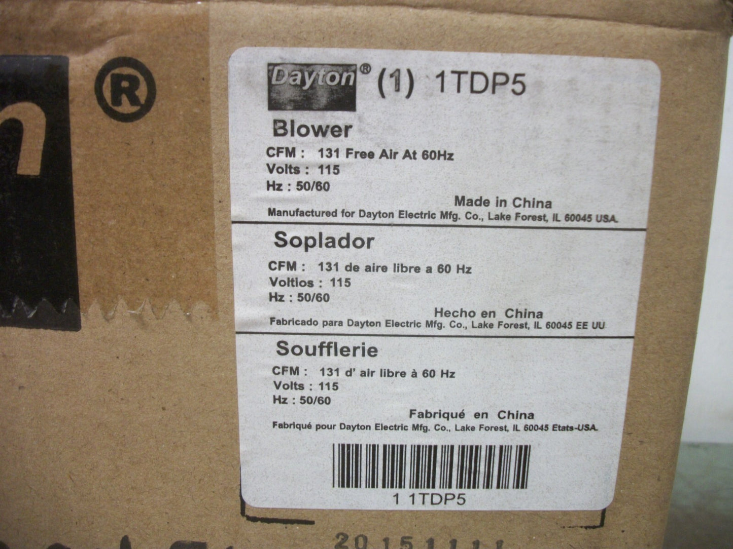 DAYTON BLOWER 1TDP5 115VOLT 131CFM 2700/2880RPM NIB