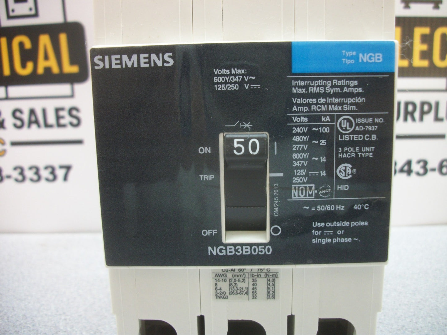 SIEMENS NGB CIRCUIT BREAKER NGB3B050 50AMP 600VOLT 3POLE NOB