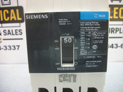 SIEMENS NGB CIRCUIT BREAKER NGB3B050 50AMP 600VOLT 3POLE NOB