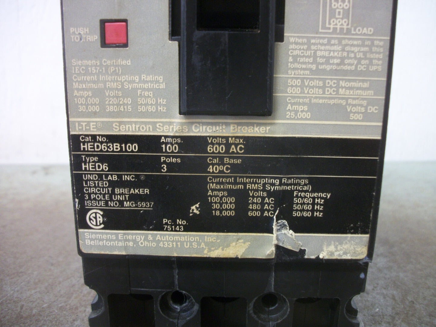 SIEMENS SENTRON HED6 CIRCUIT BREAKER HED63B100 100AMP 600VOLT 3POLE