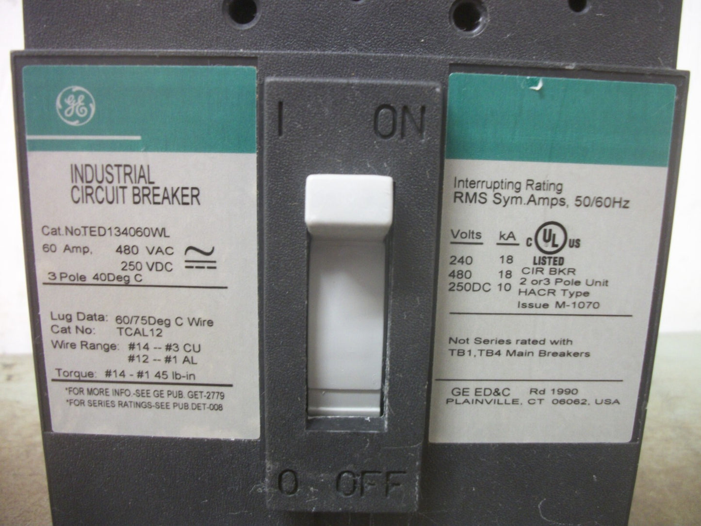 GE TED CIRCUIT BREAKER TED134060WL 60AMP 480VOLT 3POLE GREEN