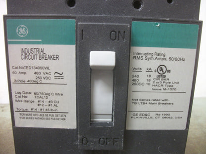 GE TED CIRCUIT BREAKER TED134060WL 60AMP 480VOLT 3POLE GREEN