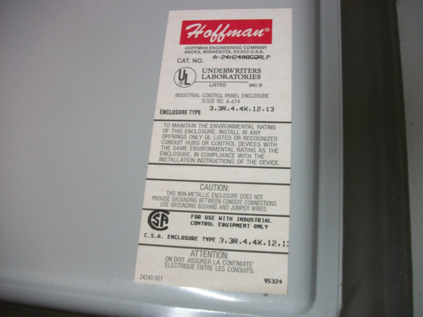 HOFFMAN 24 X 24 X 8 NON-METALLIC ENCLOSURE TYPE 3,3R,4,4X,12,13 A24H2408GQRLP