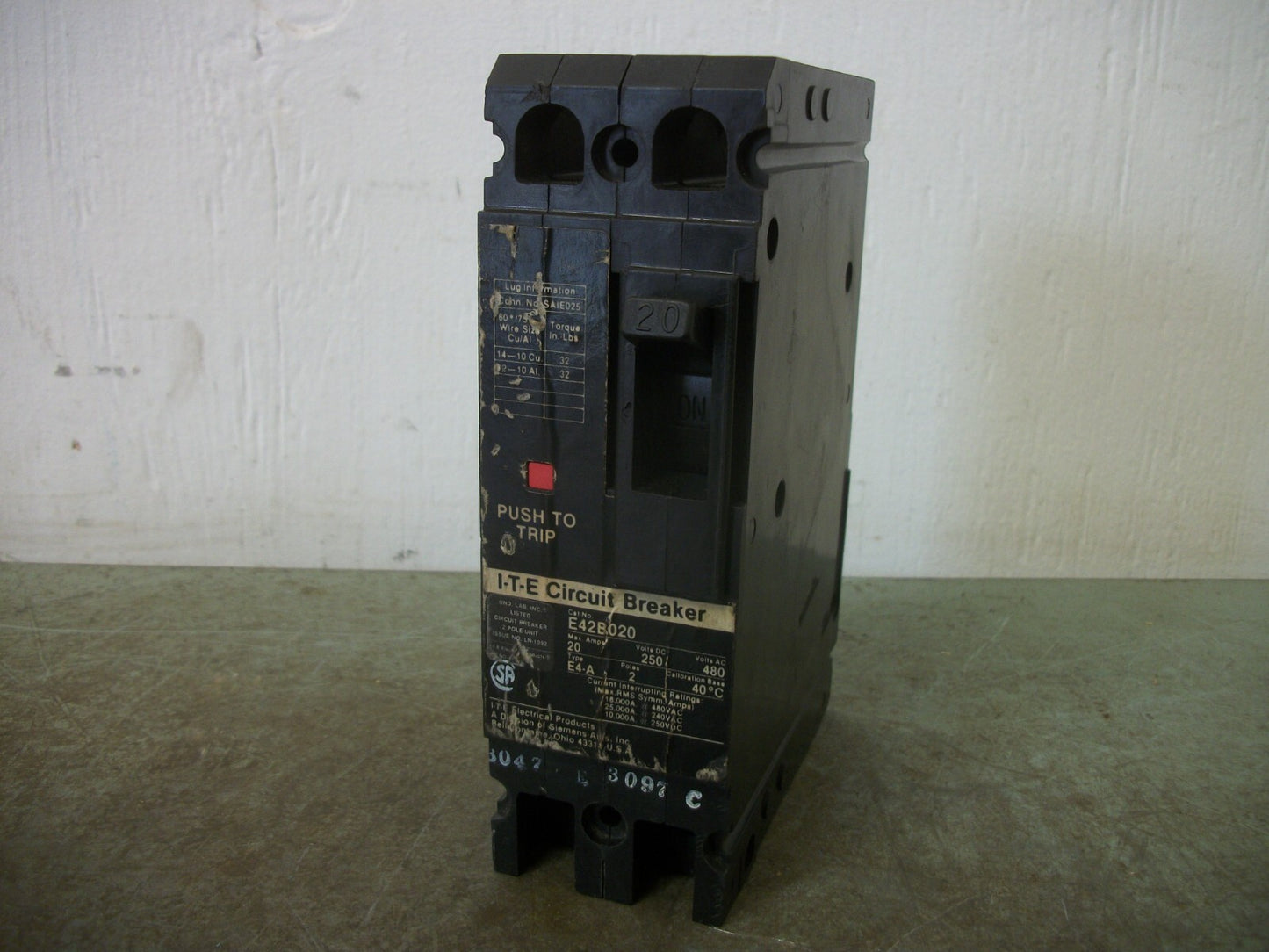 SIEMENS ITE E4-A CIRCUIT BREAKER E42B020 20AMP 480VOLT 2POLE